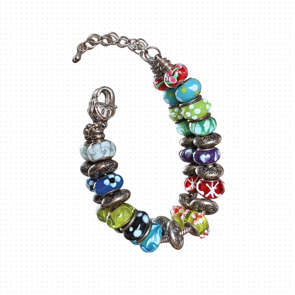 Trollbeads 925 Silver Charm Bracelet – Loaded with Murano Glass Beads